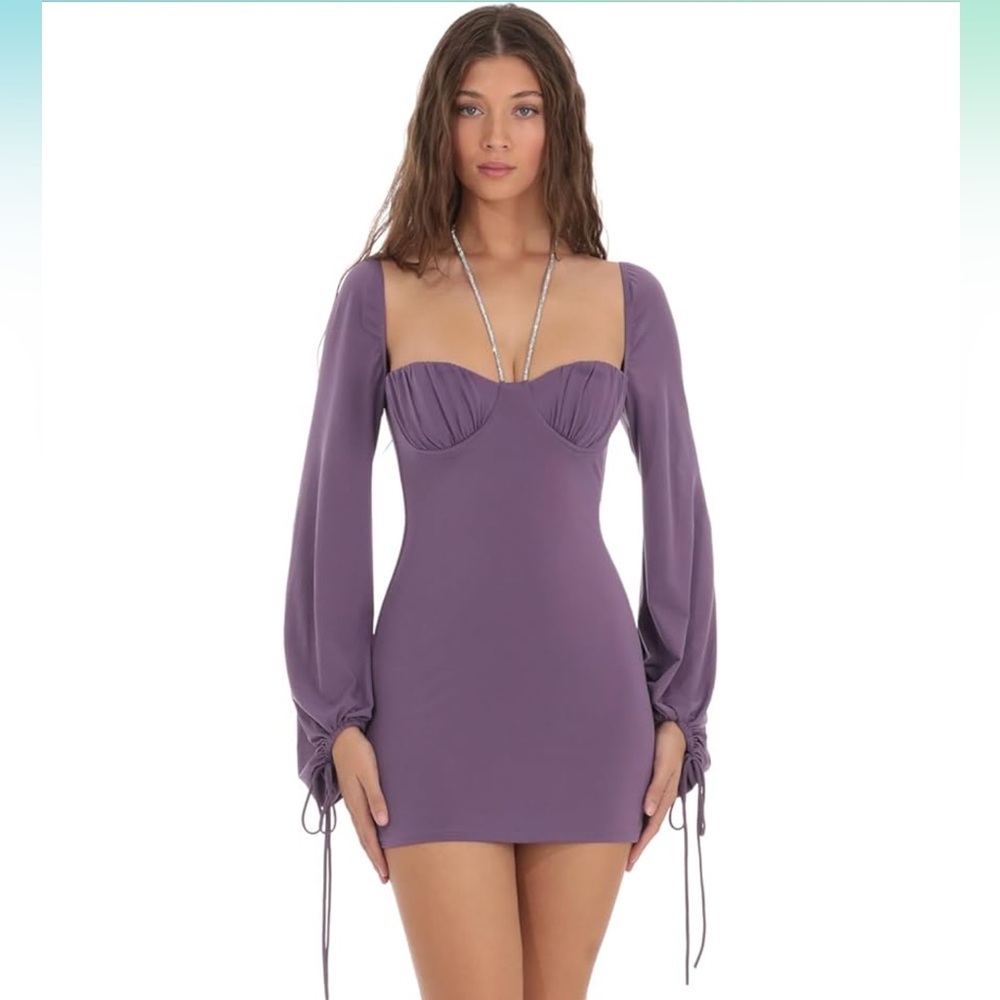 Lucy in the Sky Rhinestone Lavendar Purple Long Bishop Sleeves Mini Dress